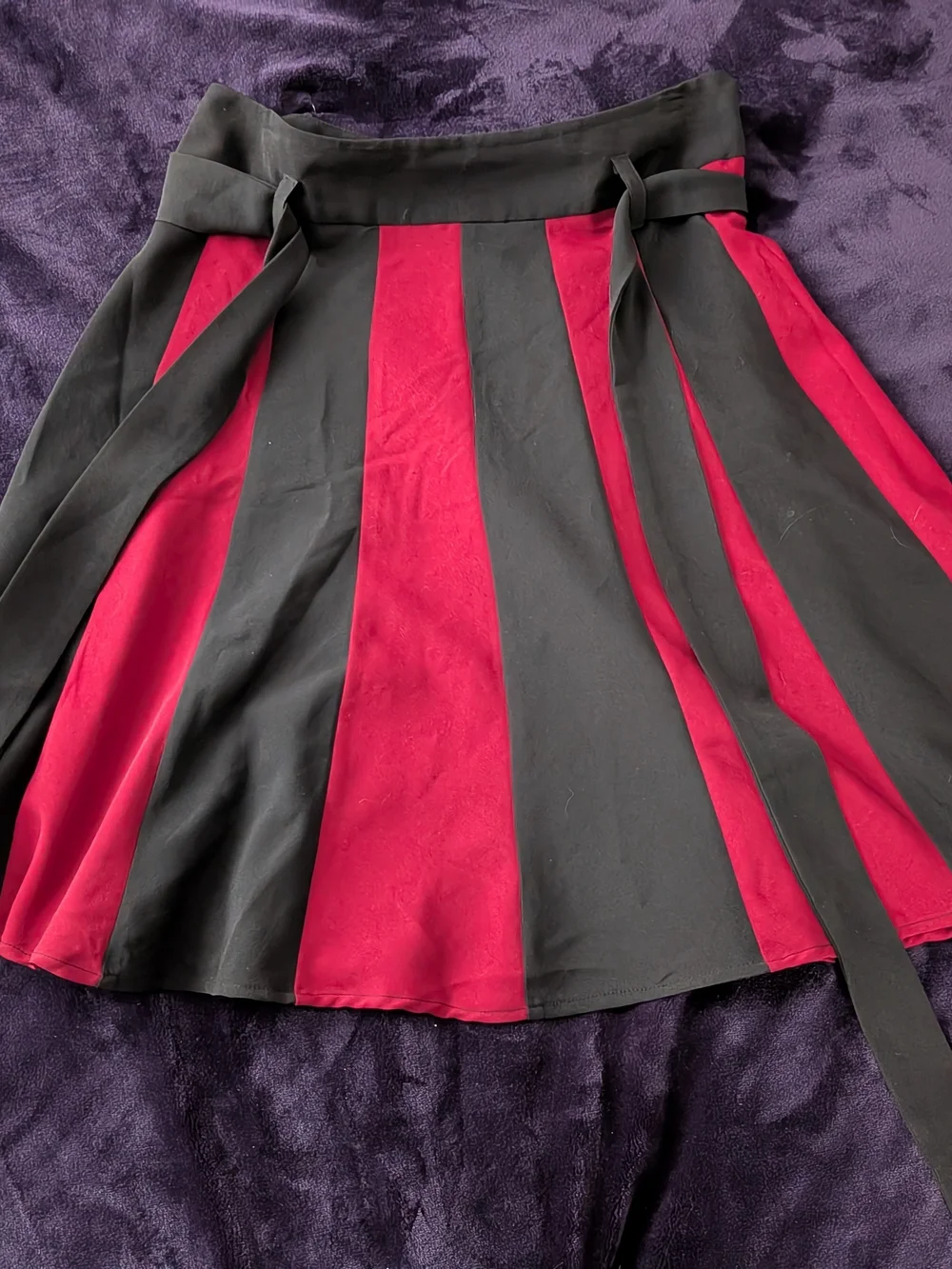 Heavy Red A-Line Black and Red Striped Skirt with Waist Tie